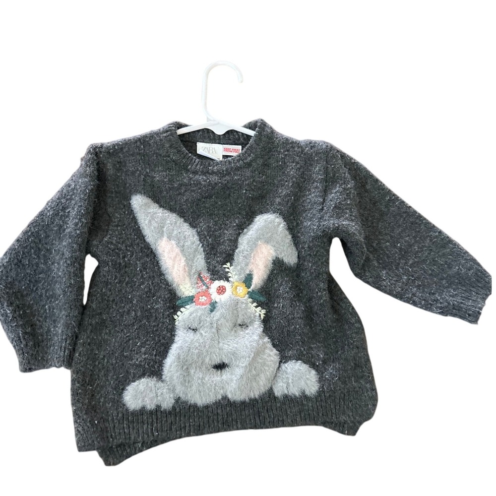 Zara Baby Girl Gray Knit Bunny Sweater Floral Intarsia Pullover 12-18 Months